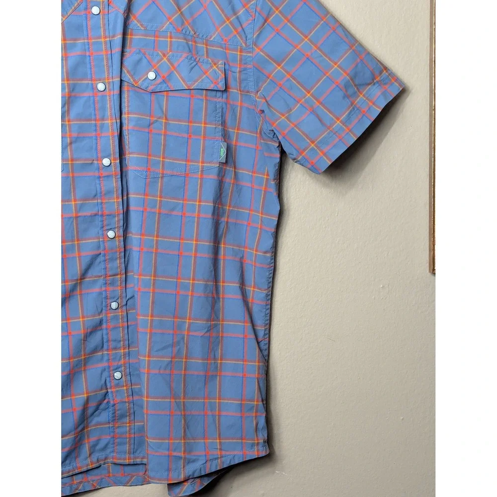 Stio Pearl Snap Shirt Mens Large Blue Orange Plaid Short Sleeve Hiking #2338